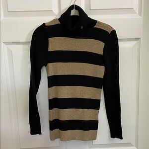 Lauren Ralph Sweater Turtleneck Gold Black Petite Medium Metallic Cotton Poly